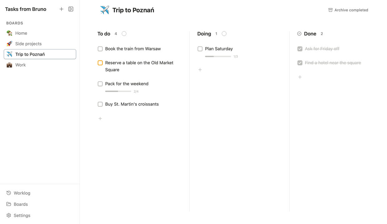 The Tasks sidebar listing the Home, Side projects, Trip to Poznań and Work boards next to the open trip board